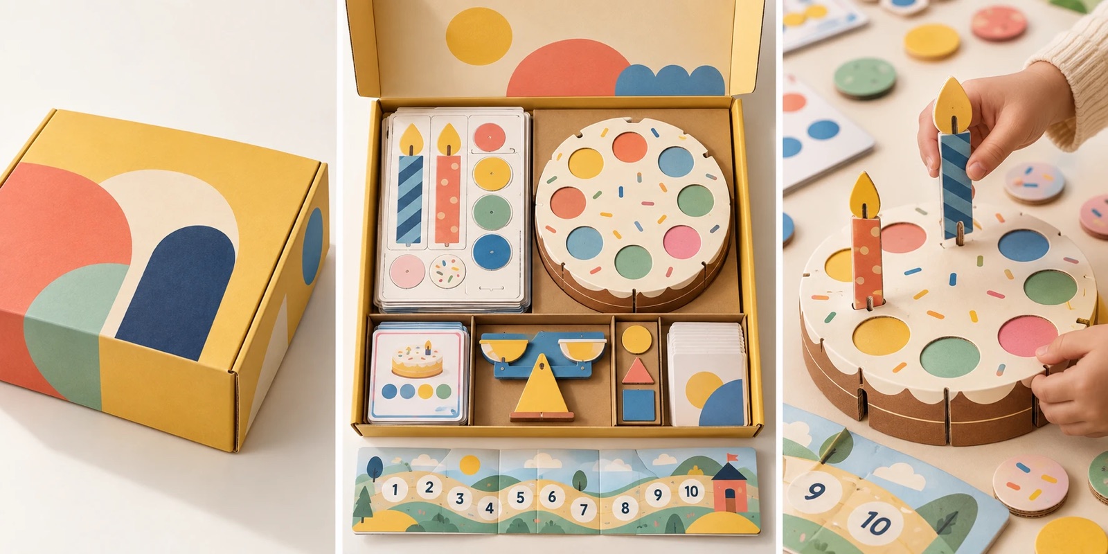 The Numa Box: a colorful box that opens to a cake board, candles, sprinkle pieces, cards and a number path; a child places a candle on the cake.