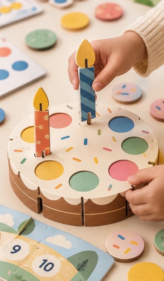 A child placing a striped candle on the Cake Shop cake