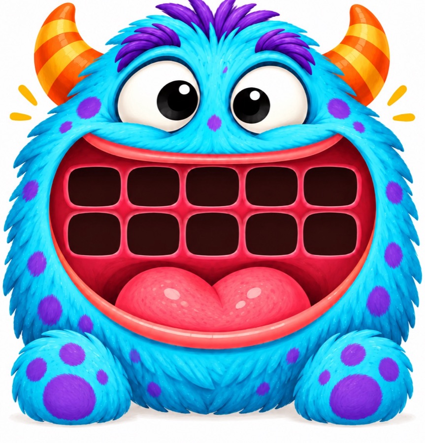 A fuzzy blue monster with a ten-frame of empty teeth