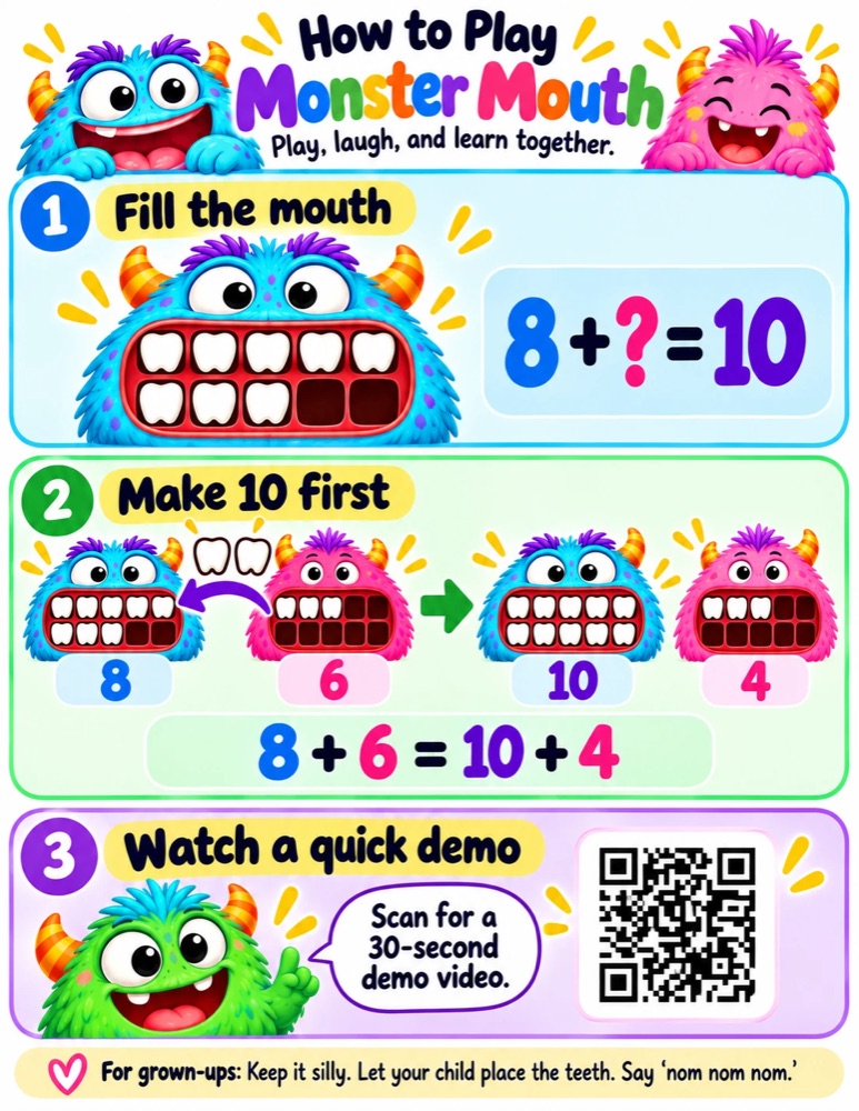 How to play Monster Mouth: fill the mouth to make 10, then use two monsters to make 10 first, 8 + 6 = 10 + 4.